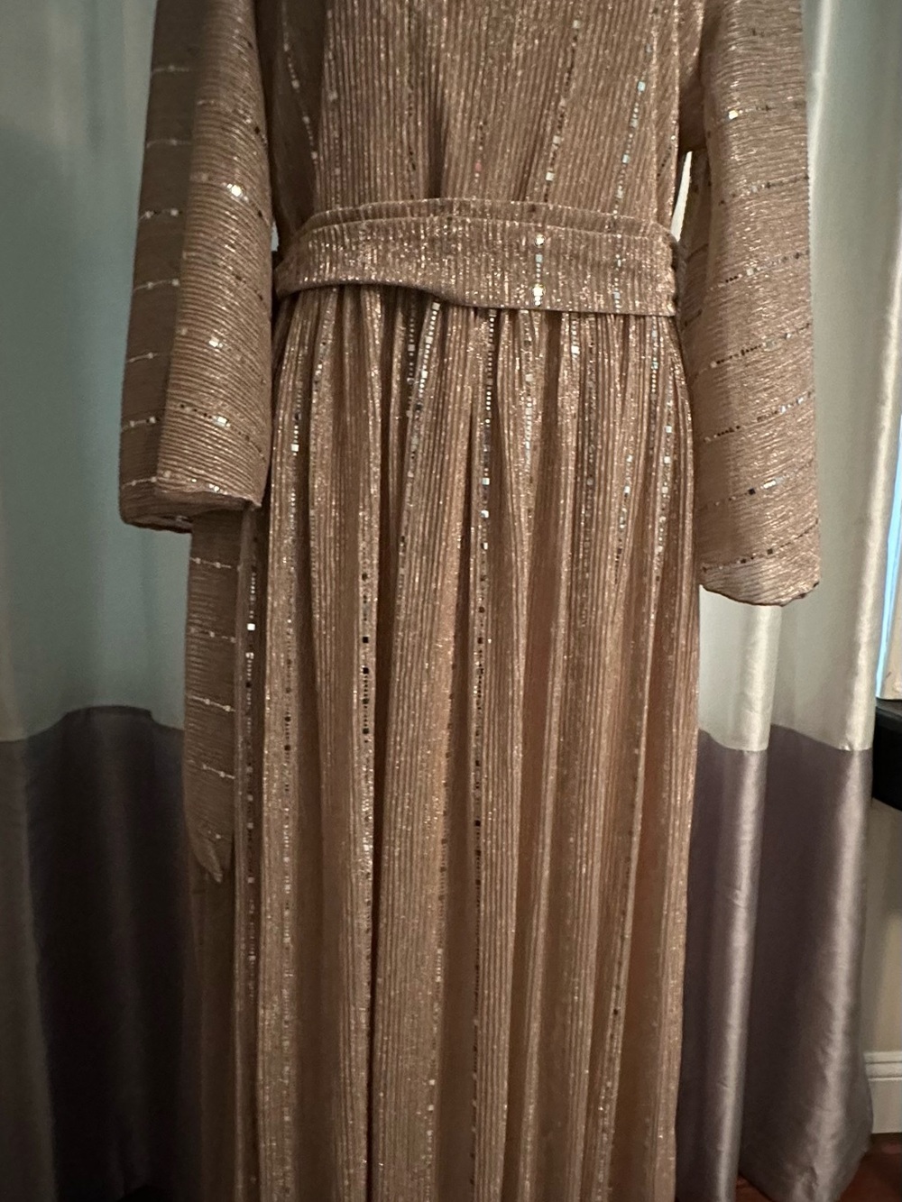 SHEIN Shimmery Taupe Pleated Midi Dress with Belt
